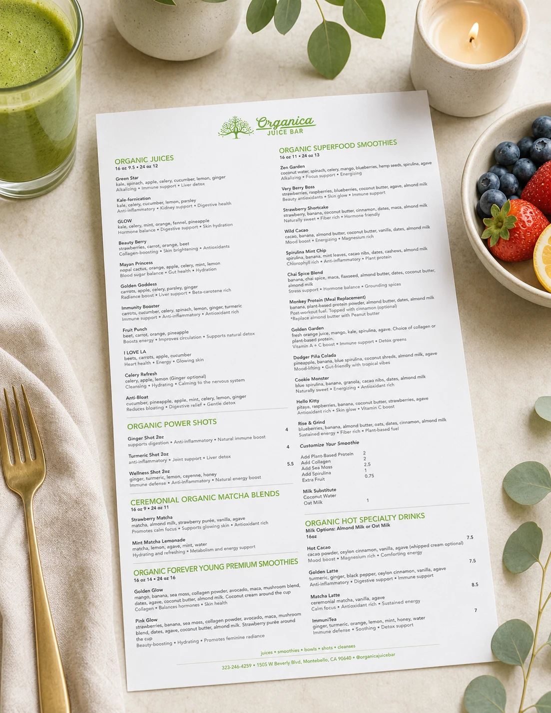 Organica Juice Bar printed menu with fresh ingredients