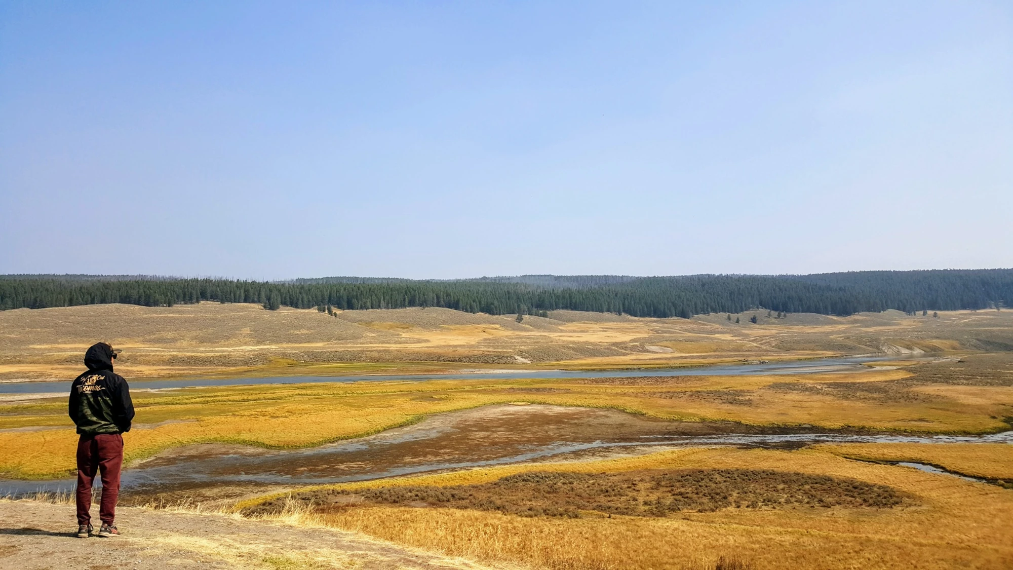 Ricardo looking across a golden meadow, river, and forest