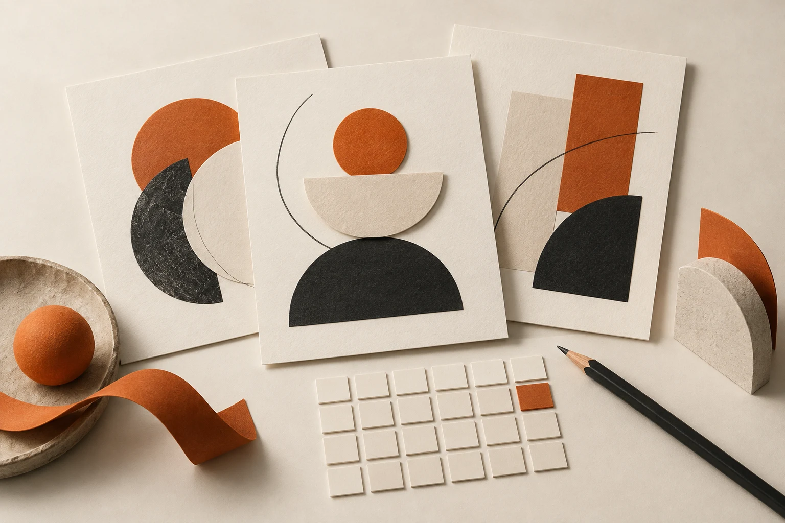 Paper artboards, a pencil, and calendar tiles representing reserved monthly design time